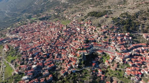 Bird eye aerial view of Arachova mountain town, Boeotia