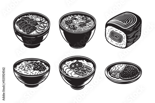 silhouette of Japanese food set bundle on the white background 