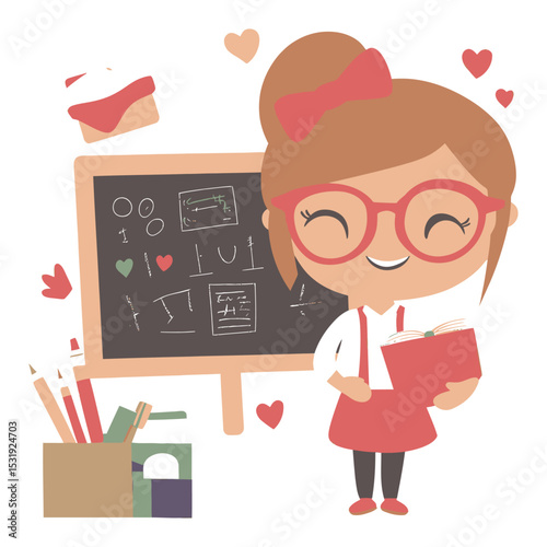 Happy Cartoon Girl Teacher with Chalkboard and Books in Classroom