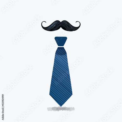 Blue necktie and black mustache icon centered on a white background with open space.