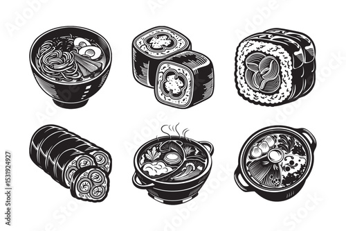 silhouette of Japanese food set bundle on the white background 