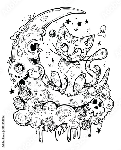 Whimsical Cat Sitting on Crescent Moon in Playful Fantasy Doodle Art