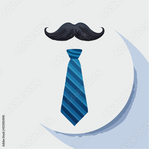 Blue necktie and black mustache icon centered on a white background with open space.