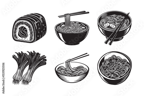 silhouette of Japanese food set bundle on the white background 