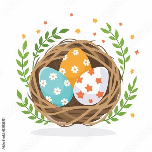 A nest with three floral-decorated Easter eggs on a clean white background with room for copy.