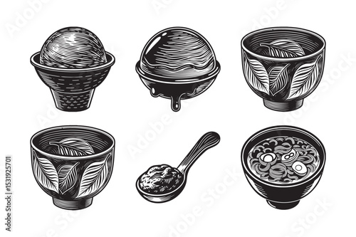 silhouette of Japanese food set bundle on the white background 