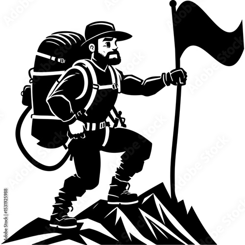 Sketchy sport emblem of experienced tourist traveler sets pioneer flag on the top of a mountain in monochrome. Engraving minimalistic vector in black ink drawing on transparent background