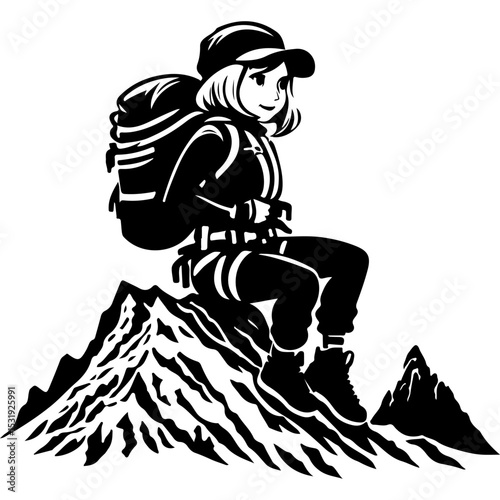 Sketchy sport emblem of female tourist is resting with a backpack on her shoulders on the top of a mountain in monochrome. Engraving minimalistic vector in black ink drawing on transparent background