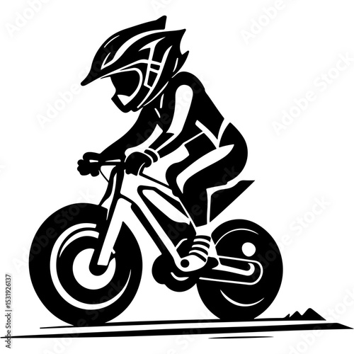 Sketchy sport emblem of aspiring young biker athlete in a protective helmet races on a miniature motorcycle in monochrome. Engraving minimalistic vector in black ink drawing on transparent background