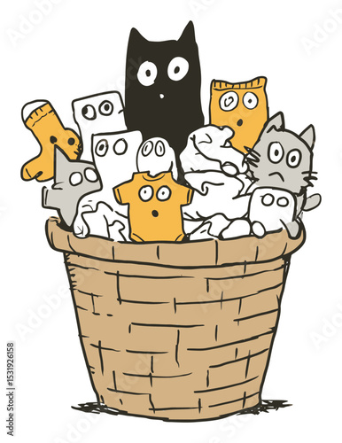 Cute Cartoon Laundry Basket with Colorful Clothes and Playful Cats