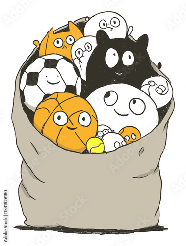 Cute Cartoon Characters in a Bag with Various Sports Balls and Faces