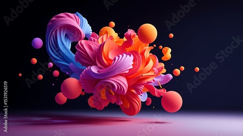 Abstract colorful 3d render of swirling forms and spheres