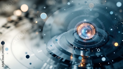 Abstract futuristic technology background with glowing circular elements and data visualization