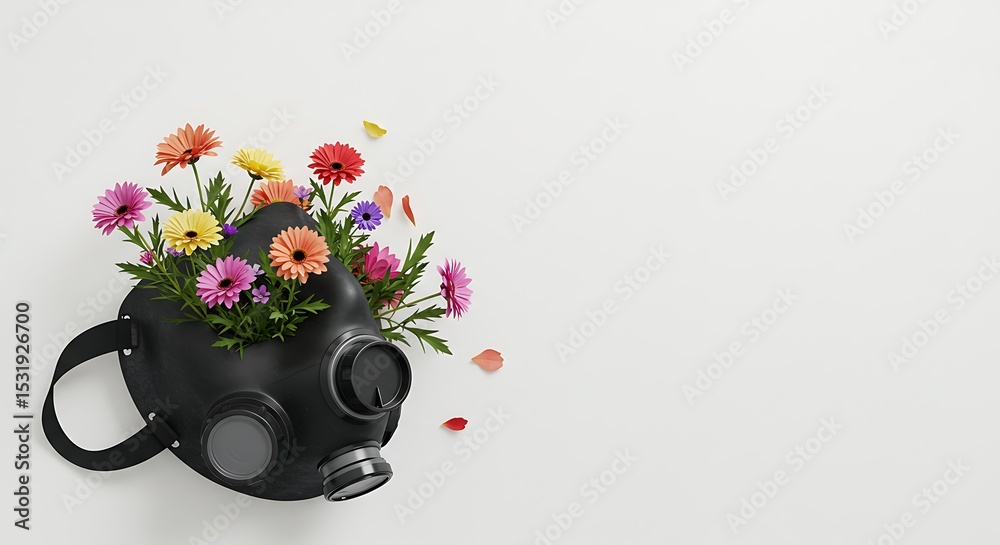 Fototapeta premium Hope Blooms Even in Darkness: A Gas Mask Adorned with Vibrant Flowers