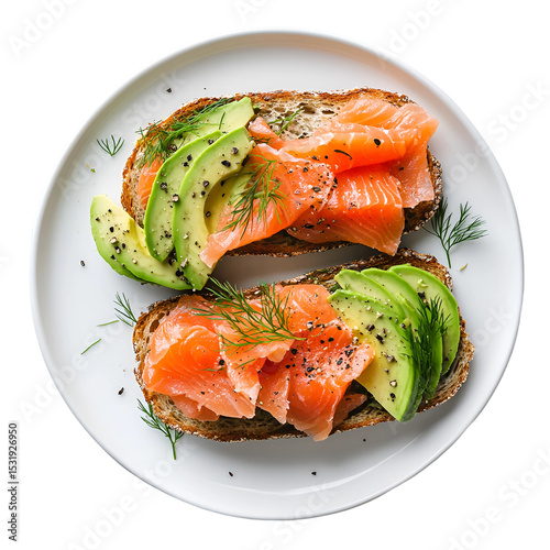 Avocado and smoked salmon toast on white plate isolated on transparent background