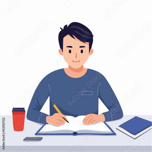 Young man sitting at a desk, deeply focused writing in a notebook with a pen, working or studying diligently, clean flat vector illustration style.