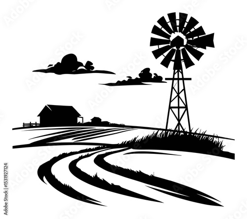 Silhouette of a Farm Landscape with Windmill and Fields in Vector Art