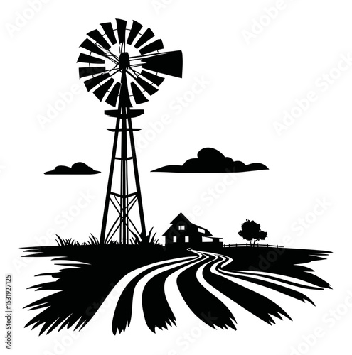 Black and White Windmill Silhouette with House and Clouds Background