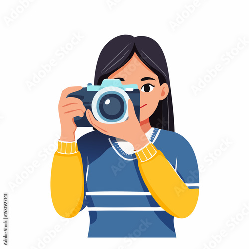 Young girl holding a DSLR camera up to her eye, capturing a photo with focused expression, wearing casual clothes, flat vector style photography concept.