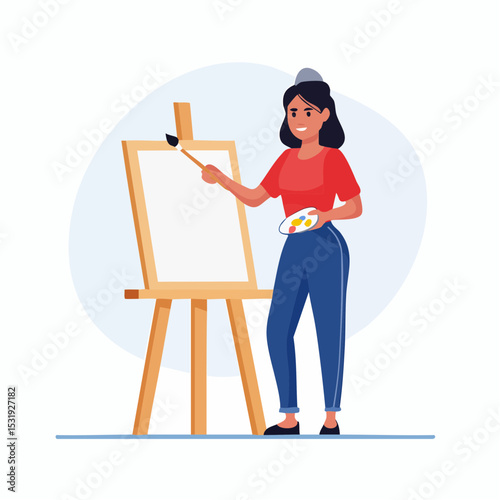 Young female artist standing with a paintbrush in hand, focused on creating vibrant artwork on a canvas set on an easel, colorful flat vector style.