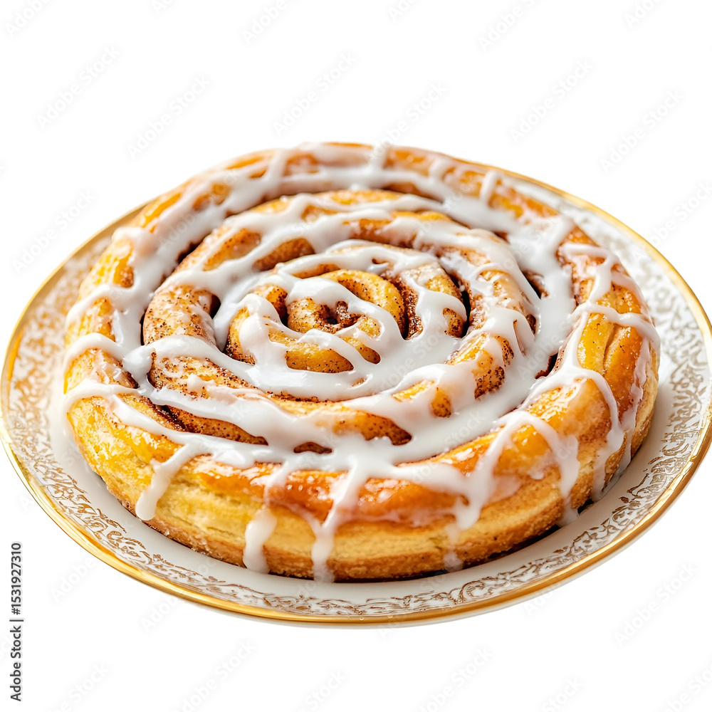 Fototapeta premium Freshly baked cinnamon roll plate with gooey icing isolated on transparent background