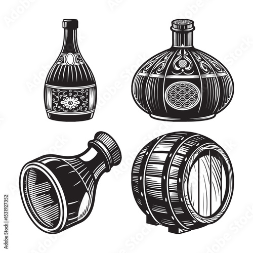 silhouette of Japanese wine bottle bundle on the white background 