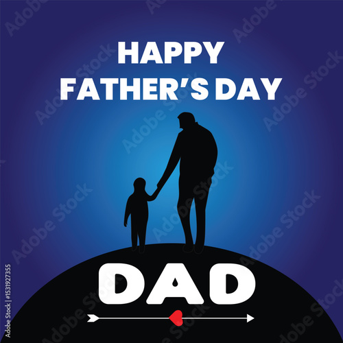 Happy Father’s Day – Silhouette of Loving Father and Son Holding Hands and Walking Together with Blue Radial Gradient Background