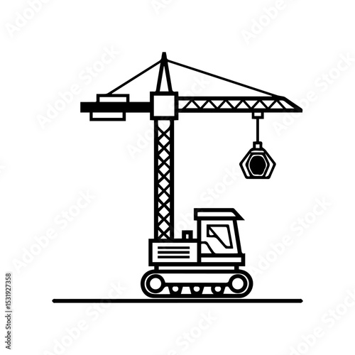 A blackandwhite line drawing of a construction crane on a tracked vehicle with a hook suspended from the arm