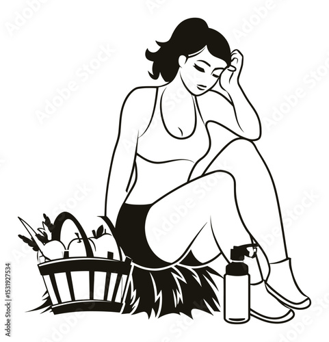 Woman Relaxing with Basket of Fresh Vegetables and Water Bottle
