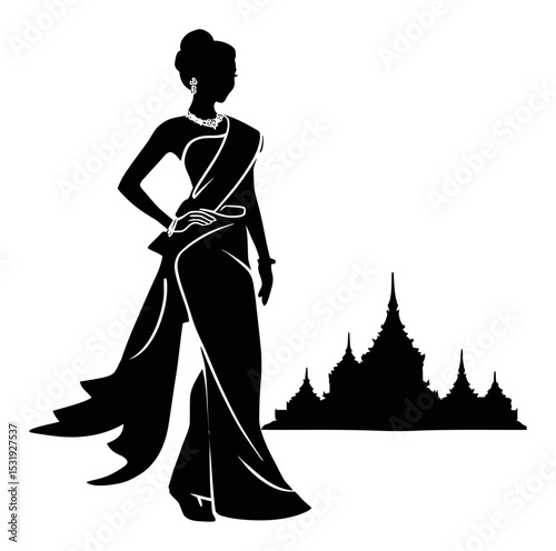 Elegant Silhouette of Woman in Traditional Attire with Architectural Elements
