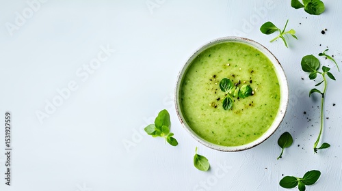 Fresh green soup garnished with herbs in a rustic bowl on a light background.