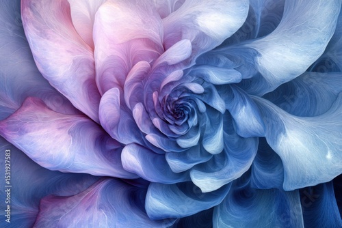 Vibrant spiral bloom of delicate petals showcases swirling shades of blue and pink in a mesmerizing floral display