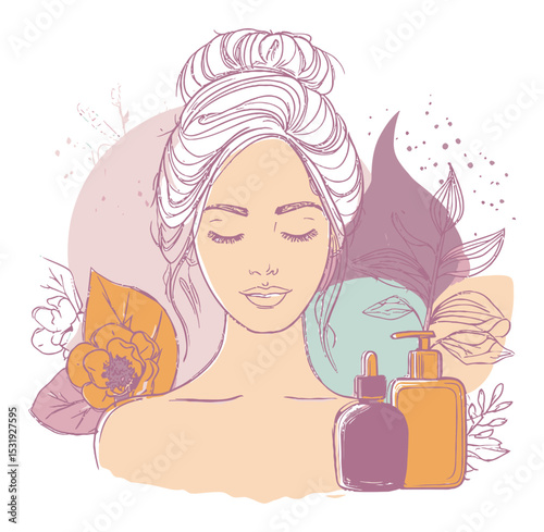 Elegant Woman with Skincare Products and Floral Elements in Soft Colors