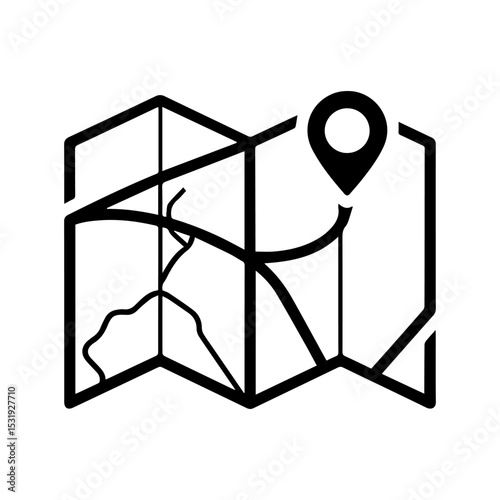 A simple black and white line drawing of a map with a location pin
