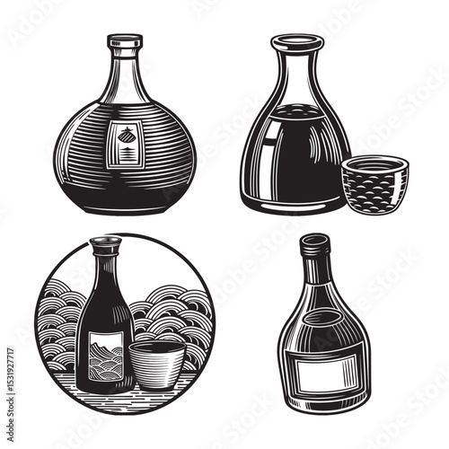 silhouette of Japanese wine bottle bundle on the white background 