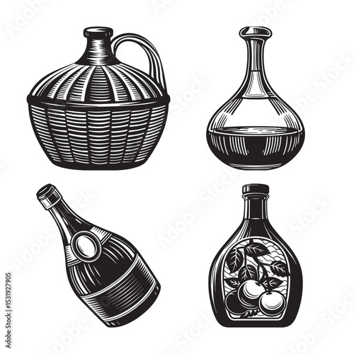 silhouette of Japanese wine bottle bundle on the white background 