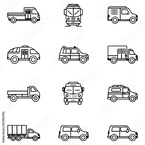 Black and white line art displaying various automobile icons in a grid