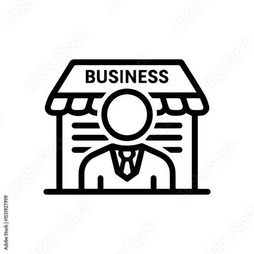 Black and white line art of a business icon showing a faceless person in front of a store