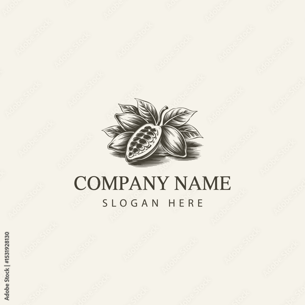 Fototapeta premium Vintage Engraved Cocoa Pod and Leaves Illustration Elegant Logo Design