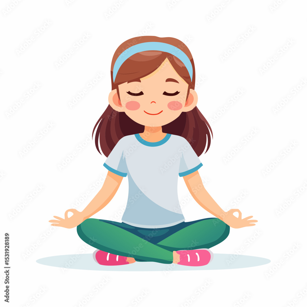 Girl sitting peacefully in a seated yoga pose with eyes closed and hands resting on knees, expressing calmness and mindfulness, vector style. Girl sitting peacefully in a seated yoga pose with eyes closed and hands resting on knees, expressing calmness and mindfulness, vector style.