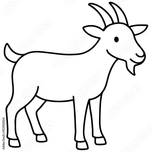 A cartoon goat vector illustration, a wild mammal silhouette, stands on a white background with prominent horns, ideal for nature and farm animal themes