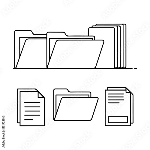 Black outline drawings on white depict multiple folders and loose sheets of paper suggesting organization