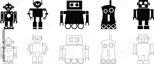 Robot Icon set, icons in vibrant and outline styles, showcasing playful designs, ideal for technology, and futuristic projects. Digital artificial intelligence chatbot, friendly Electric cyborg agent
