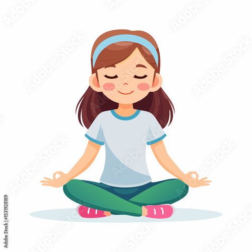 Girl sitting peacefully in a seated yoga pose with eyes closed and hands resting on knees, expressing calmness and mindfulness, vector style.
