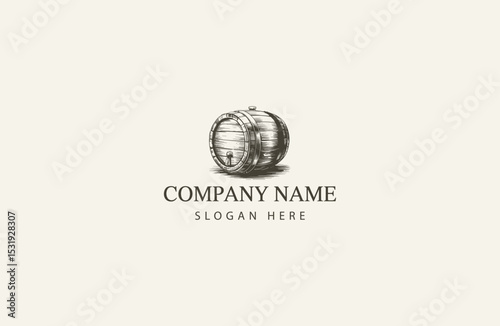 Engraved Wooden Barrel Logo Design Vintage Style Illustration for Brewery or Winery