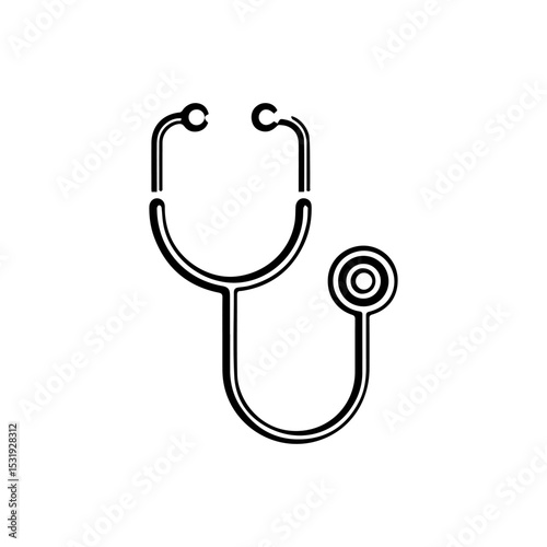 Black outline of a stethoscope with dual earpieces and a circular chest piece all on a white background
