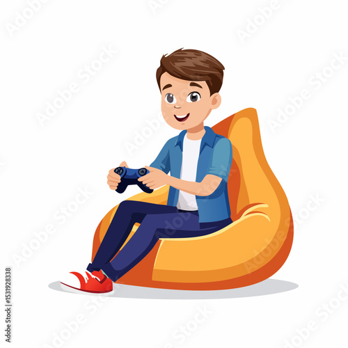 Teenage boy sitting comfortably on a beanbag chair, holding a game controller, with an excited expression while playing video games, enjoying his leisure time indoors.