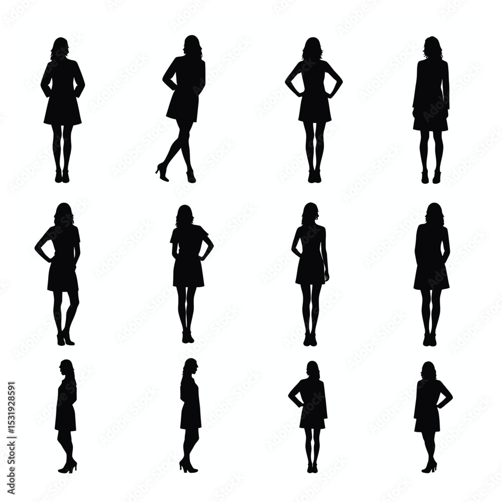 Fototapeta premium Twelve silhouettes of women in dresses posing