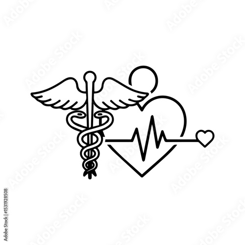 Caduceus staff heart and heartbeat line art create a medical symbol