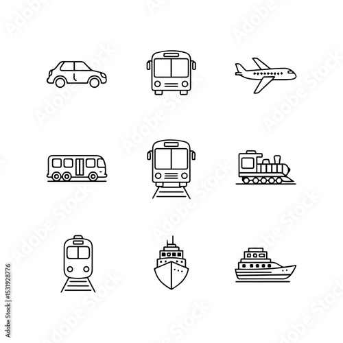 Icons depict various modes of transport car bus airplane train boat Simple line art